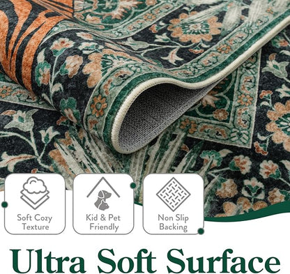 Moynesa Tiger Washable Rugs, 8x10 Area Rugs for Living Room, Soft Large Vintage 8x10 Bedroom Green Rug, Botanical Non Slip Ultra Thin Floor Carpet for Dining Room Home Office