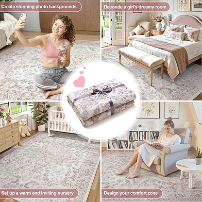 Wonnitar Floral Washable 8x10 Rug, Pink Area Rug for Bedroom Girls, Soft Non Slip Ultra-Thin Large Boho Vintage Home Decor Carpet for Living Room Nursery Dining Room Girl Room