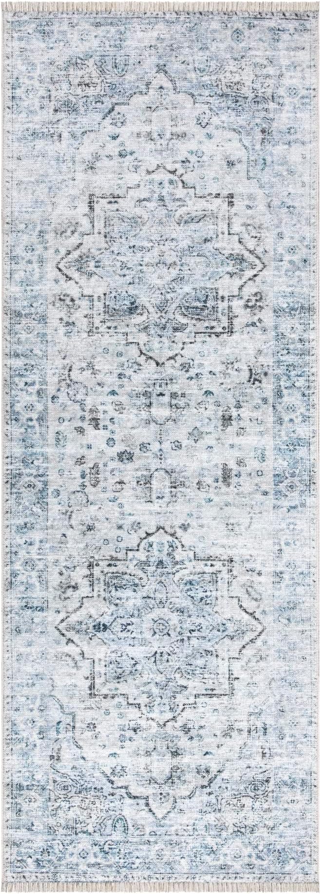 Bloom Rugs Caria Washable Non-Slip 10 ft Runner - Ivory/Blue/Gray Traditional Runner for Entryway, Hallway, Bathroom, and Kitchen - Exact Size: 2'6" x 10'