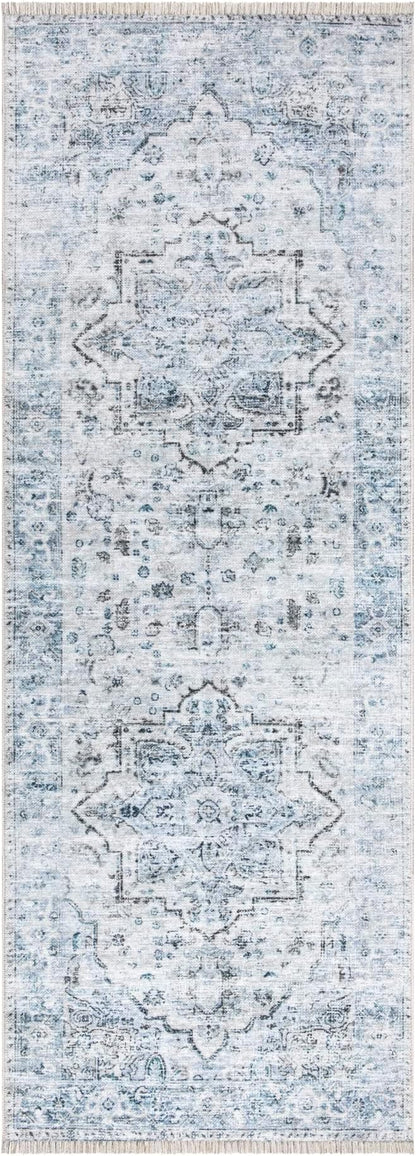 Bloom Rugs Caria Washable Non-Slip 7 ft Runner - Ivory/Blue/Gray Traditional Runner for Entryway, Hallway, Bathroom, and Kitchen - Exact Size: 2'6" x 7'
