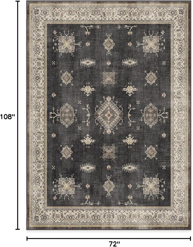 RUGGABLE Washable Vintage Area Rug – Verena Dark Wood 6x9, Stain-Resistant, Non-Slip – Medium Machine Washable Rugs for Living Room, Bedroom, Hallway, Entryway & Office–with Cushioned Pad