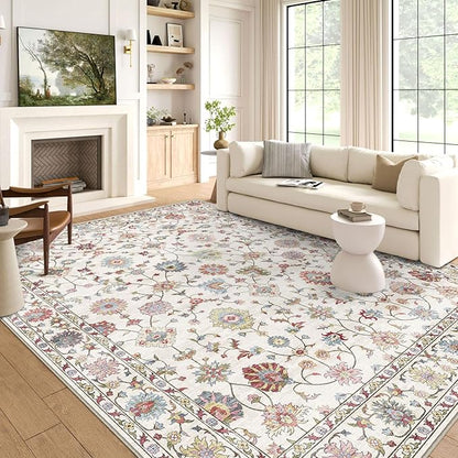 Washable Area Rug 5x8 - Boho Living Room Rug Soft Farmhouse Bedroom Rug Ultra-Thin Cream Colorful Vintage Traditional Floral Dining Room Rugs for Under Table Indoor Carpet for Living Room