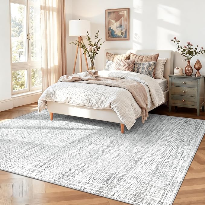 6x9 Area Rugs for Living Room, Washable Large Area Rug Neutral Modern Abstract Bedroom Rug Soft Non Slip Low Pile Stain Resistant Indoor Carpet for Nursery Kids Dining Room Office(Grey, 6'x9')