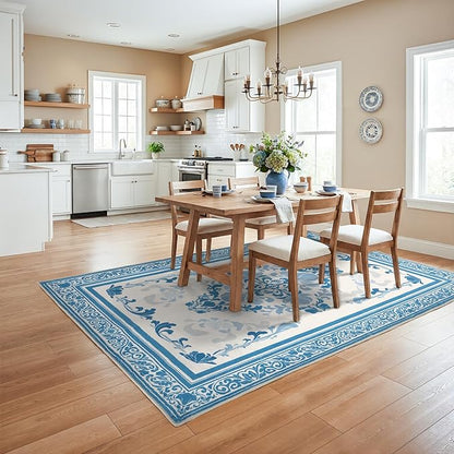 SOULFUL Medium Pile 4x6 Rugs for Living Room - Soft Foot Feel Area Rug - Blue Boho Floral - Washable Non-Slip - Perfect for Bedroom Kids Room Under Dining Table Office