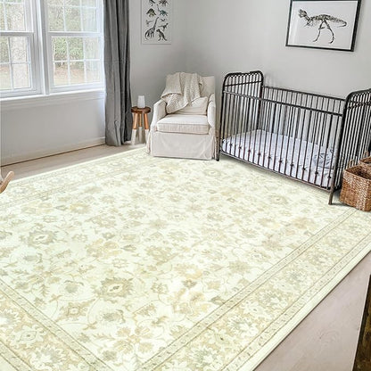 LIVEBOX Washable Area Rug 8x10 - Large Beige Boho Living Room Rug Vintage Rugs for Bedroom, Non-Slip Retro Floral Carpet Print Distressed Accent Rugs for Dining Room Home Office