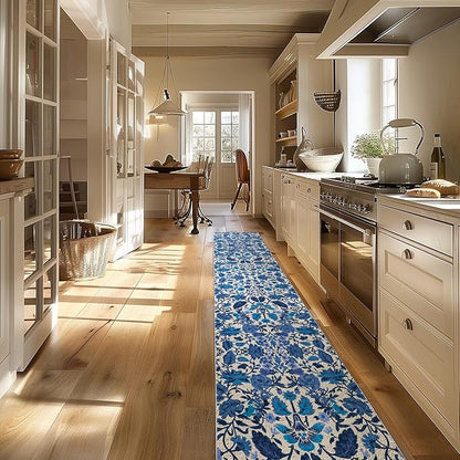 EVERGRACE Hallyway Area Runner Rugs 2x10, Boho Floral Faux Wool Indoor Outdoor Rugs, Washable Rugs for Bedroom Dining Room Living Room Kitchen, Low Pile Floor Mat Carpet for Home Decor, Celtic Blue