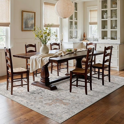 GENIMO 6x8 Area Rugs for Living Room, Non Slip Machine Washable Vintage Rugs, Low Pile Lightweight Chenille Print Large Rug for Bedroom, Dining Room, Home Office, Light Taupe Brown