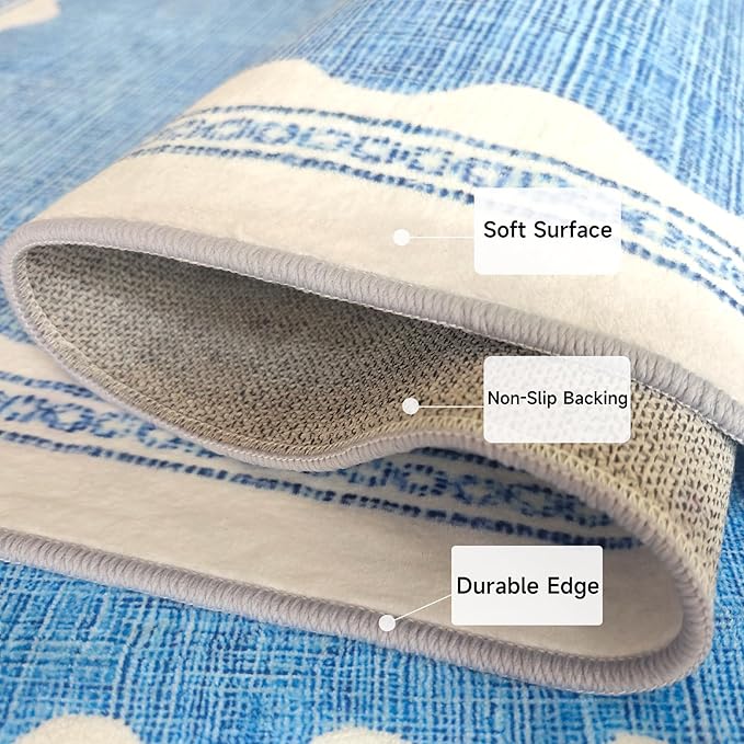 Scalloped Rug 3x5 Rugs Washable Non-Slip Low-Pile for Entryway Solid Blue Rug for Dining Room,Ultra Soft Modern Contemporary Aesthetic Carpet for Bathroom Living Room Dining Table