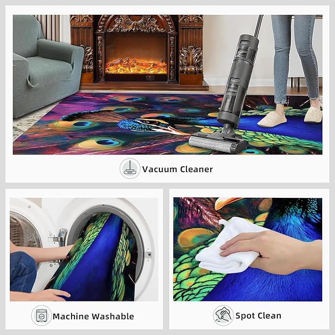 Peacock Rugs for Bedroom - 5x6 Area Rug - Watercolor Peacock Rugs for Living Room, Abstract 3D Animal Rug, Non-Slip Washable Home Decor Carpet