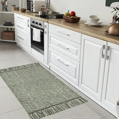 Collive Small Bathroom Rug, 2' x 3' Hand-Woven Low Profile Front Entryway Rug, Olive Green/Cream Cotton Reversible Washable Kitchen Mat Modern Farmhouse Carpet for Foyer Bedroom Back Door Decor