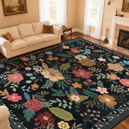 Area Rug for Living Room, 10x12 Large Washable Rugs for Dining Room, Bedroom, Non Slip Stain Resistant Carpet, Low Pile Vintage Floral Rug (Black)