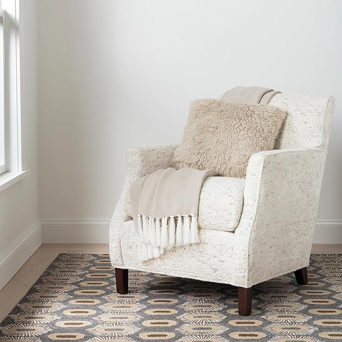 Dash & Albert Stowe Hand Micro Hooked Wool Rug, 8.5 X 11.5 Feet, Blue/Browns Geometric Pattern