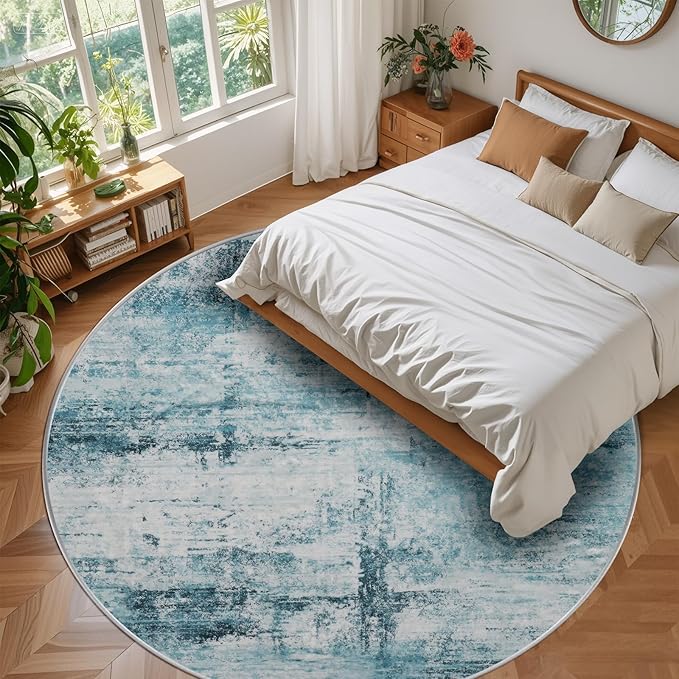 Round 5ft Area Rug Modern Abstract Washable for Living Room Entryway Dining Room Home Office Teal Gray