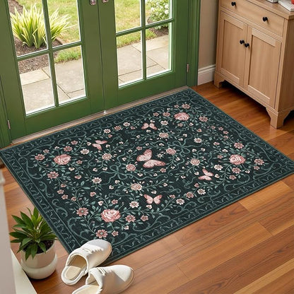 GarveeHome 2x3 Floral Area Rug Non Slip Entryway Mat Low Pile Stain Resistant Butterfly Kitchen Rugs Soft Small Throw Carpet for Dining Room Bedroom Washable Bow Rugs for Living Room Bathroom, 2x3
