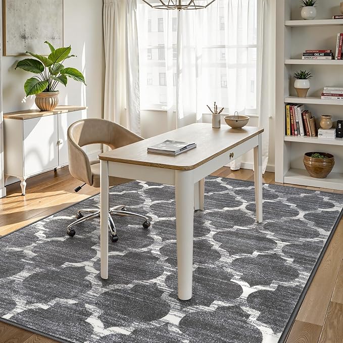 Lahome Moroccan Washable Area Rugs for Living Room - 4x6 Rug Non-Slip Lightweight Soft Bedroom Carpet Throw Low-Pile ‎Stain Resistant Entryway Rug, Grey Print Modern Rug for Office Kitchen Dining Room