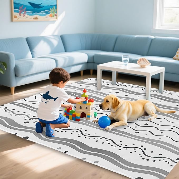 Modern Gray Lines Washable Living Room Area Rug, Low Profile Abstract Pattern, 3x5 Non-Slip Backing Carpet for Kitchen, Bedroom, Dining Room