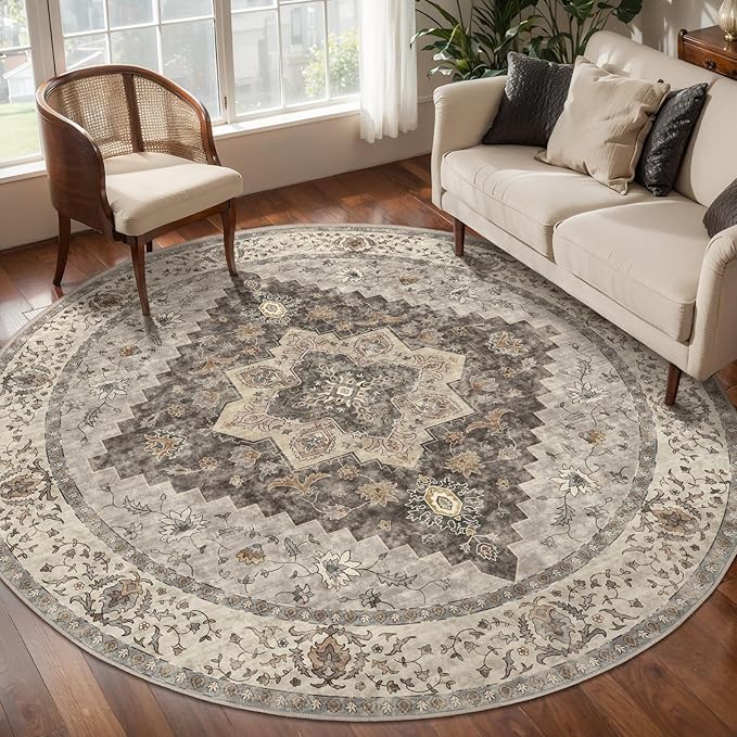 Tangsoo Vintage Round Rug 5ft, Washable Circle Rug, Non Slip Boho Round Area Rug, Low Pile Circular Rugs, Round Carpet for Bedroom,Livingroom,Nursery,Dorm,Office,Grey/Multi