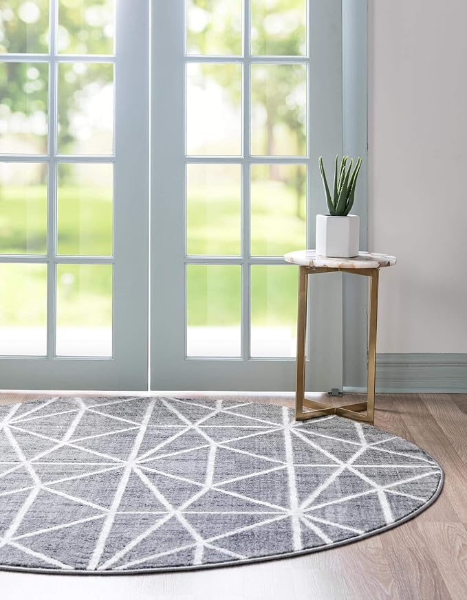 Rugs.com Lattice Trellis Collection Rug – 3 Ft Round Gray Low-Pile Rug Perfect for Kitchens, Dining Rooms