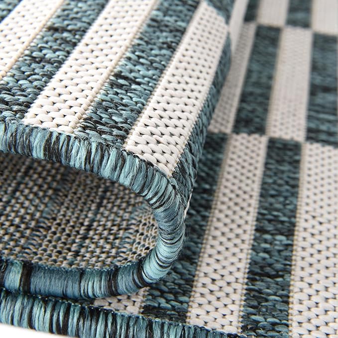 Unique Loom Outdoor Striped Collection Area Rug - Striped (2' x 6' 1" Runner, Teal/Ivory)