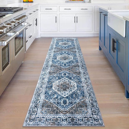KOZYFLY Runners for Hallways 2x8 Ft Washable Kitchen Runner Rug Boho Runner Rug for Entryway Indoor Blue Printed Oriental Faux Wool Floor Carpet Runner for Bedroom Kitchen Hall