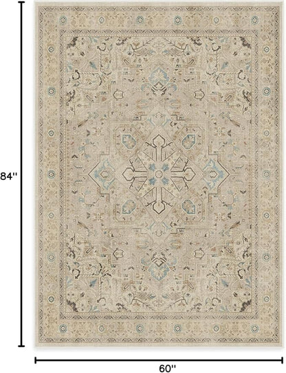 RUGGABLE Washable Vintage Area Rug – Kamran Ivory Opal 5x7, Stain-Resistant, Non-Slip – Medium Machine Washable Rugs for Living Room, Bedroom, Hallway, Entryway & Office–with Standard Pad