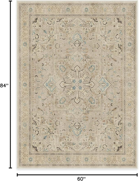 RUGGABLE Washable Vintage Area Rug – Kamran Ivory Opal 5x7, Stain-Resistant, Non-Slip – Medium Machine Washable Rugs for Living Room, Bedroom, Hallway, Entryway & Office–with Cushioned Pad