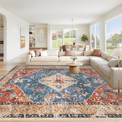 Area Rug 9x12 Washable Rug, Vintage Boho Medallion Rugs Non-Slip Soft Low Pile Large Distressed Rug Indoor Retro Carpet for Living Room Bedroom Dining Room Home Office (Tribal Medallion/Multi, 9'x12')