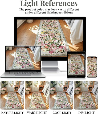 Floral Bedroom Rug - 4x6 Washable Area Rugs Non-Slip Soft Low-Pile Stain Resistant Carpet Flower Print Vintage Indoor Rug forLiving Room Dining Room Office Nursery Room, Grey