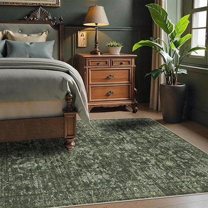 3x5 Washable Area Rugs for Living Room, Vintage Boho Large Rug for Bedroom Dining Room Office, Distressed Floral Print Carpet for Under Table, Soft Non Slip Low Pile Throw Carpet Indoor Mat, Green