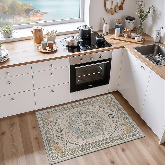 2x3 Grey Beige Small Area Rug for Entryway, Soft Washable Rugs with Non-Slip Backing for Bedroom Kitchen, Vintage Throw Carpet Laundry Entry Front Door Decor