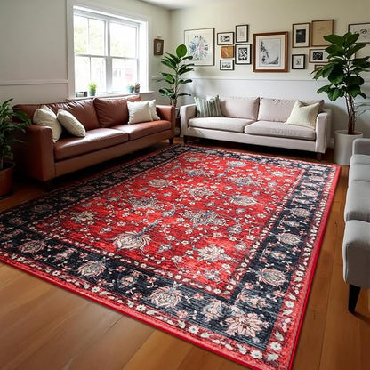 Area Rug for Living Room, 9x12 Machine Washable Non Slip Large Faux Wool Throw Rug, 0.3″ Low Pile & Non-Shedding Boho Large Carpet Rugs for for Dining Room, Bedroom, Office (Black Red)