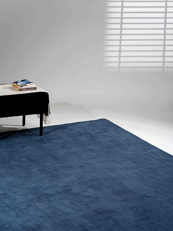 Hand Knotted Loom Wool ECO-Friendly Area Rugs - 6'7''x9'10'', Rectangle, Blue Color, Solid Plain Design, High Pile Thick Handmade Anti Skid Rugs for Living Room (L00111)