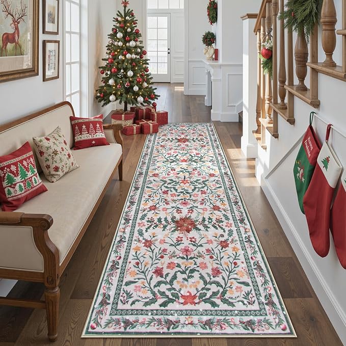 Lahome Christmas Runner Rug for Hallway 2'6'' x 8', Christmas Kitchen Front Porch Decor Carpet Runners 8ft, Botanical Narrow Rugs for Long Front Porch Winter Greenery Holiday Decor