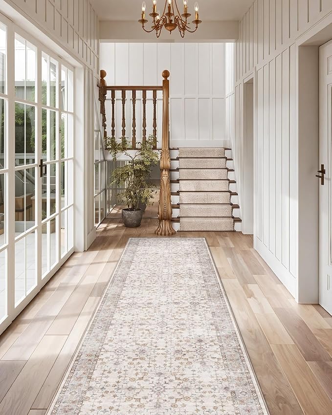 LUMI Runner Rug 3x10, Washable Non-Slip Hallway Throw Rugs, Long Soft Thin Vintage Oriental Kitchen Mats, Low-Pile Indoor Kitchen Entryway Area Rug, Beige
