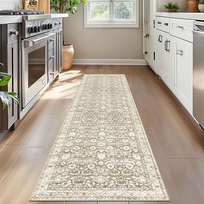 Vintage Floral 2x7 Runner Rug, Beige Tan White Washable Kitchen Runner Rug Non-Slip Hallway Rug Runner Super Soft Thin Printed Faux Wool Carpet for Entryway Bedroom Laundry Room Indoor