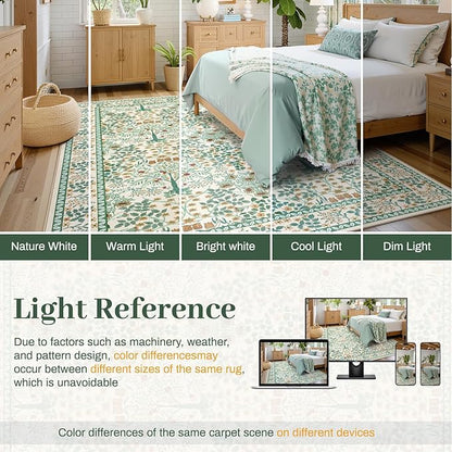 9x12 Area Rug Living Room Rug - Floral Vintage Forest Washable Carpet, Low Pile Non-Slip Stain Resistance Boho Soft Large Carpet for Bedroom, Dining Room Under Table, Farmhouse (9'x12' Beige Green)