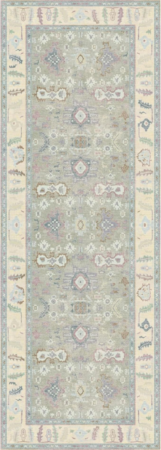 Kuden 2'6"x12 Runner Rug, Machine Washable Area Rug with Non-Slip Backing, Vintage Style, Soft, Easy Clean, Low Pile Rug for Hallway, Entryway, Kitchen, Bedroom