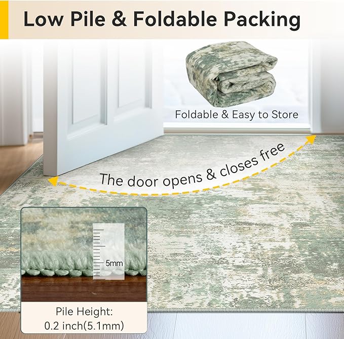 Washable Area Rugs 2'x8' Non-Slip Modern Abstract Soft for Living Room Entryway Bedroom Nursery, Print Pattern, Light Green/Yellow