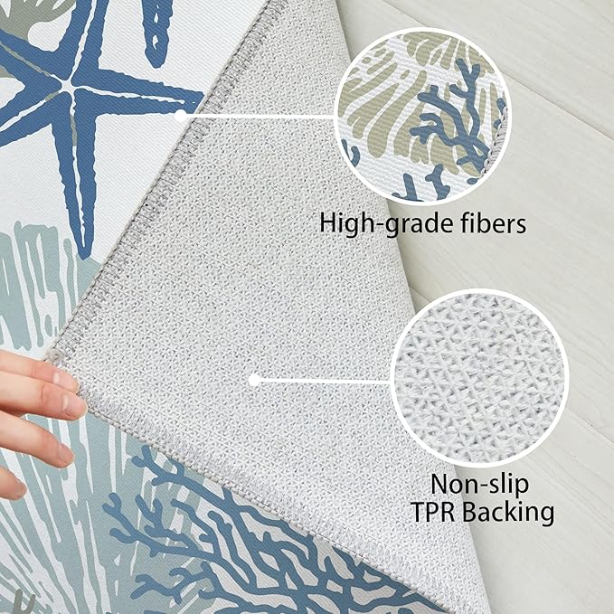 Tritard Coastal Area Rug 3x5 - Small Machine Washable Foldable Throw Rugs Non-Slip Beach Ocean Entryway Indoor Entrance Carpet for Kitchen Bathroom Laundry Bedroom Living Room, Blue