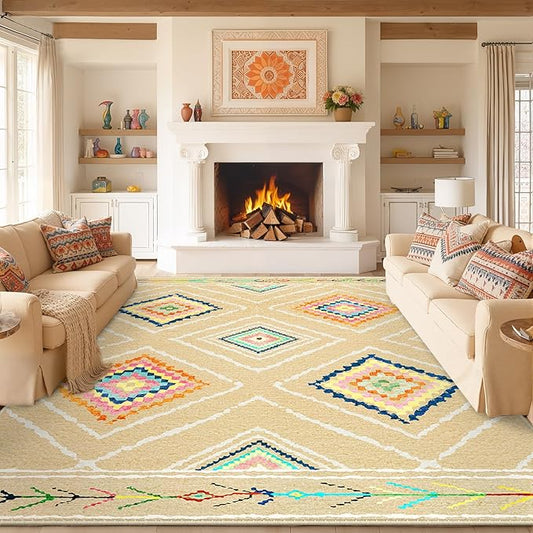 Area Rug 9x12 Rug Machine Washable Non-Slip Low Pile Print Pattern Western Rug for Living Room Bedroom Entryway Tribal Series -Cream/Beige