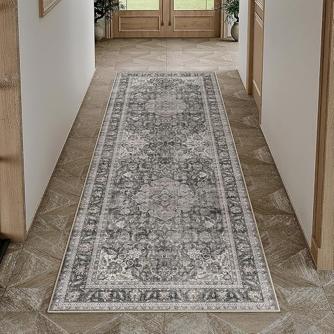 2x6 Washable Vintage Runner Rug Black Grey Hallway Kitchen Carpet Non-Slip Soft Low Pile Distressed Throw Rug for Bedroom Bathroom Laundry Living Room