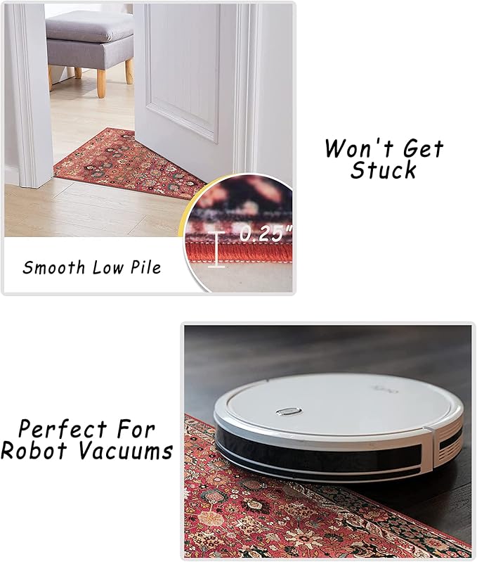 vivorug Washable Rug, Ultra Soft Area Rug 5x7, Non Slip Throw Rug, Stain Resistant Rugs for Living Room Bedroom Kitchen, Vintage Floral (Cherry Red/Spice, 5'x7')
