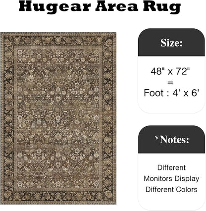 HUGEAR 4x6 Machine Washable Rugs Brown Hallway Area Rug Indoor Accent Rug Floral Low Pile Carpet Soft Throw Rug Bedroom Living Room Office Dining Room Kitchen Laundry Room Non Slip