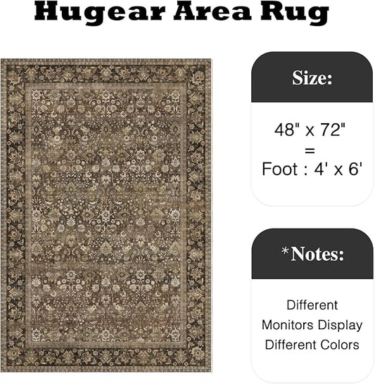 HUGEAR 4x6 Machine Washable Rugs Brown Hallway Area Rug Indoor Accent Rug Floral Low Pile Carpet Soft Throw Rug Bedroom Living Room Office Dining Room Kitchen Laundry Room Non Slip