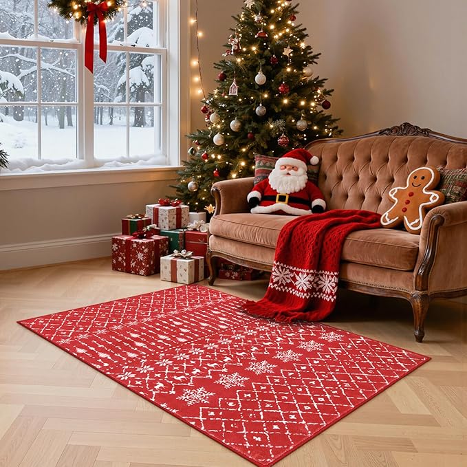Lahome Christmas Rug 3x5 Red Washable Non Slip Small Area Rug Soft Low Pile Office Carpet Moroccan Snowflake Throw Rug for Living Dining Room Bedroom Xmas Holiday Decor Bedroom Rugs,