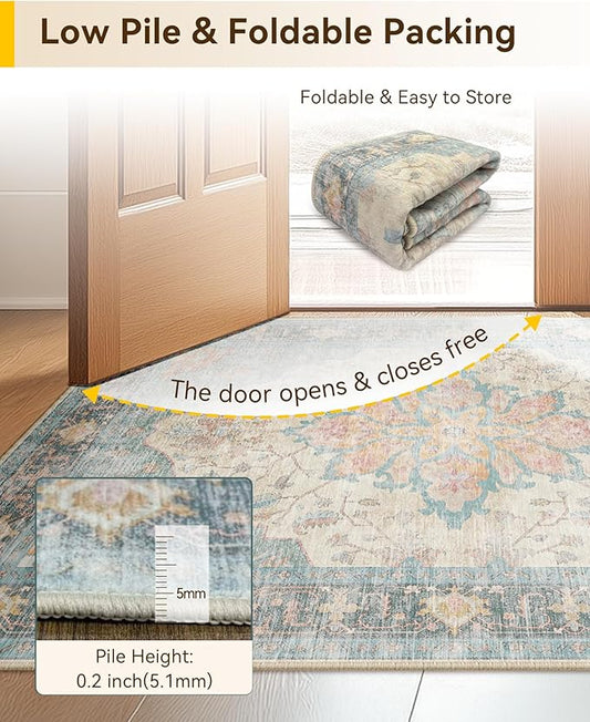 Area Rugs 6'x9' Washable Non-Slip, Floral Vintage Distress Print Pattern Medallion Carpet for Living Room Bedroom Dining Room, Blue Orange Red