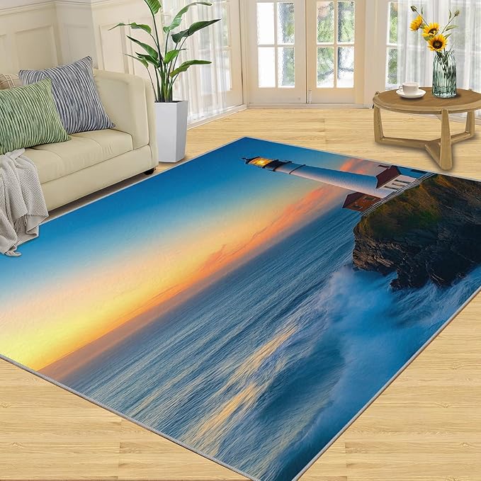 Coastal Rugs for Bedroom - 4x6 Area Rug - Ocean Lighthouse Rugs for Living Room, Sunset Ocean Scenery Rug, Non-Slip Washable Home Decor Carpet