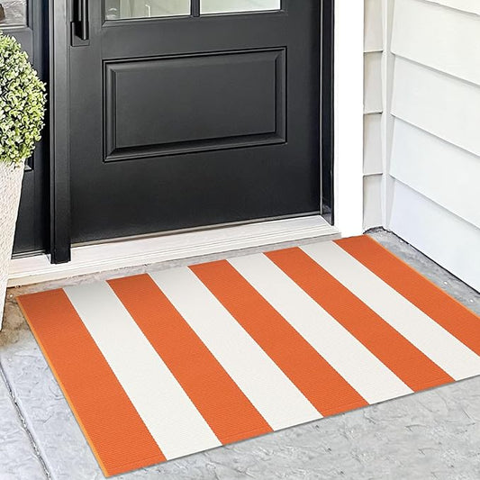 KOZYFLY Orange and White Striped Rug Doormat 2x3 Ft Halloween Fall Cotton Woven Washable Indoor Outdoor Rugs for Layered Door Mats Porch/Kitchen/Farmhouse