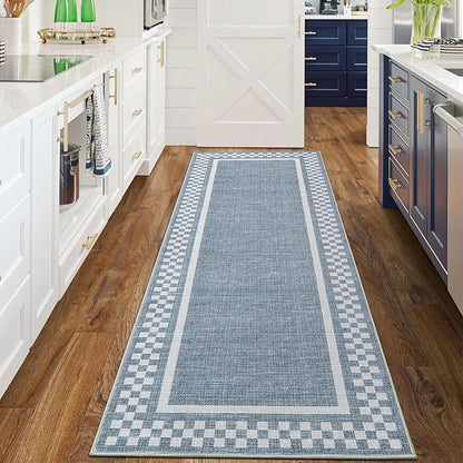 Washable Runner Rug 2x10 Modern Bordered Hallway Runner Rug Non Slip Kitchen Throw Carpet Checkered Bathroom Entryway Runner Rugs Low Pile Solid Area Rugs for Living Room Bedroom Nursery Sink, Blue