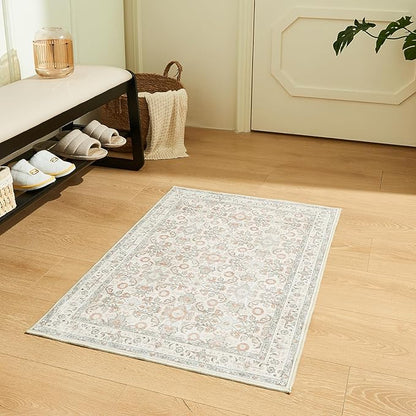WITSHOCK Washable 2x3 Entryway Area Rug: Soft Non-Slip Backing Washable Rugs Vintage Flower Boho Accent Small Rugs for Bedroom, Kitchen, Bathroom, Nursery Entrance,Camel